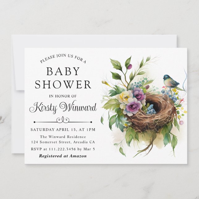Watercolor Floral Spring Bird Nest Baby Shower Invitation (Front)