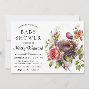 Watercolor Floral Spring Bird Nest Baby Shower Invitation