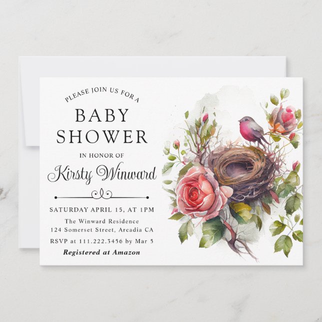 Watercolor Floral Spring Bird Nest Baby Shower Invitation (Front)