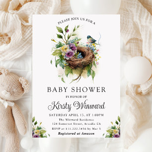 Watercolor Floral Spring Bird Nest Baby Shower Invitation