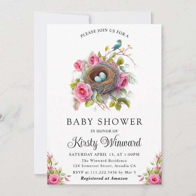Watercolor Floral Spring Bird Nest Baby Shower Invitation (Front)