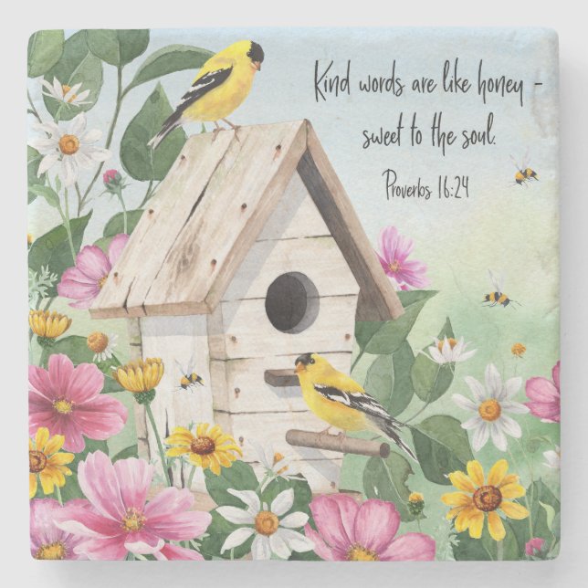 Watercolor floral spring birds stone coaster (Front)