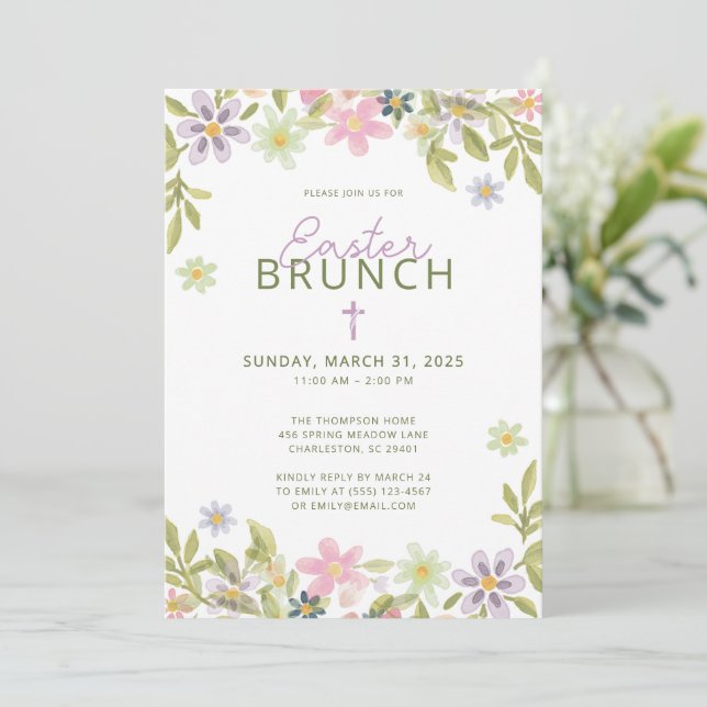 Watercolor Floral Spring Easter Brunch Religious Invitation (Standing Front)