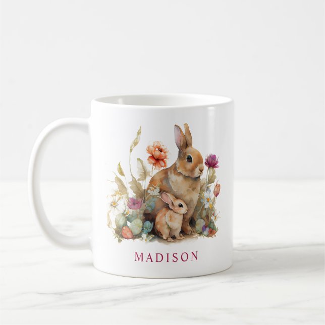 Watercolor Floral Spring Easter Rabbits Name Coffee Mug (Left)
