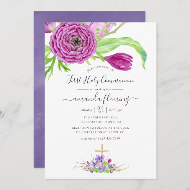 Watercolor Floral Spring First Holy Communion Invitation (Front/Back)