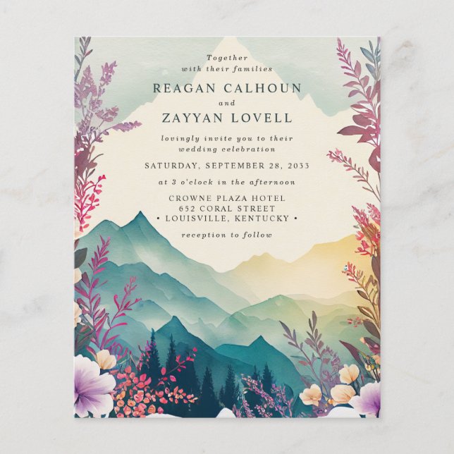 Watercolor Floral Spring Mountains Wedding Flyer (Front)
