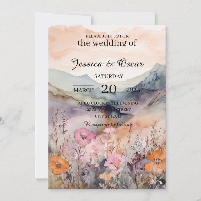 Watercolor Floral Spring Mountains Wedding Invitation (Front)