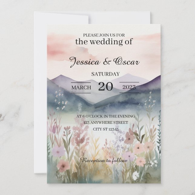 Watercolor Floral Spring Mountains Wedding Invitation (Front)
