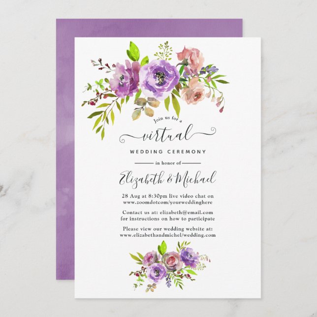 Watercolor Floral Spring Online Virtual Wedding Invitation (Front/Back)