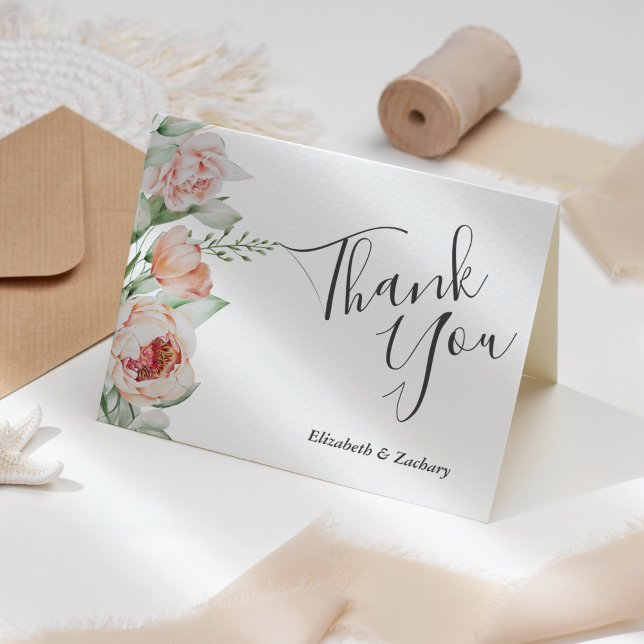 Watercolor Floral Spring Peach Wedding Thank You Card (Creator Uploaded)