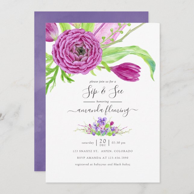 Watercolor Floral Spring Sip and See Invitation (Front/Back)