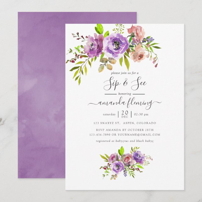 Watercolor Floral Spring Sip and See Invitation (Front/Back)