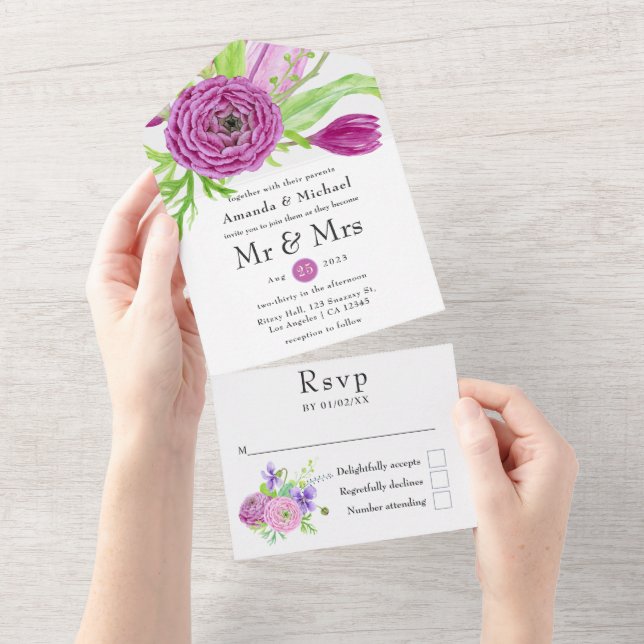 Watercolor Floral Spring Wedding All In One Invitation (Tearaway)