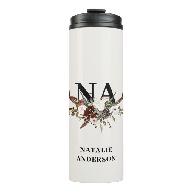 Watercolor floral stag antlers fall rustic  thermal tumbler (Front)