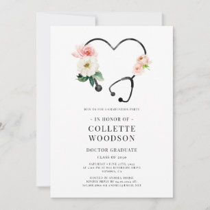 Watercolor Floral Stethoscope Doctor Graduation  Invitation