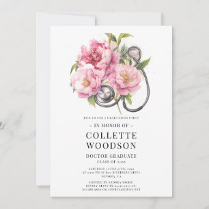 Watercolor Floral Stethoscope Doctor Graduation Invitation