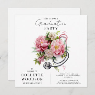 Watercolor Floral Stethoscope Nurse Graduation Invitation