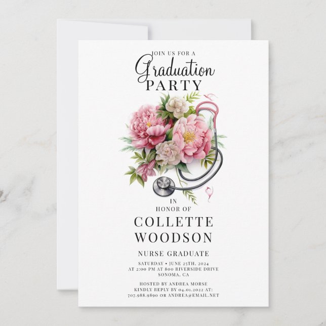Watercolor Floral Stethoscope Nurse Graduation  Invitation (Front)