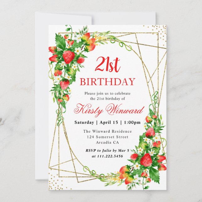 Watercolor Floral Strawberries Frame 21st Birthday Invitation (Front)