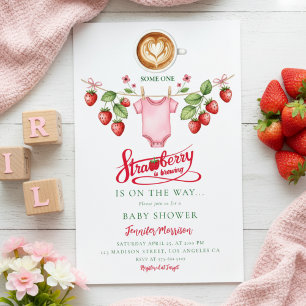 watercolor floral strawberry baby is brewing invitation