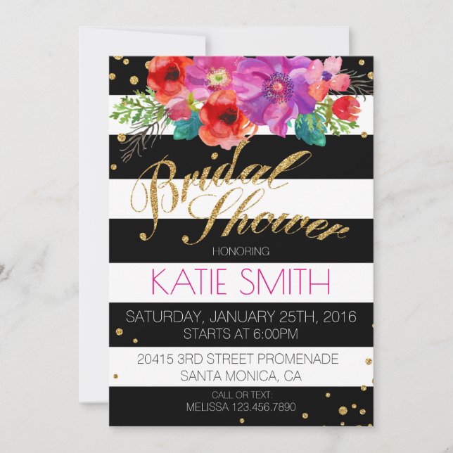 Watercolor Floral Stripe Glitter Bridal Shower Invitation (Front)