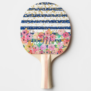 Watercolor floral stripes and confetti design ping pong paddle