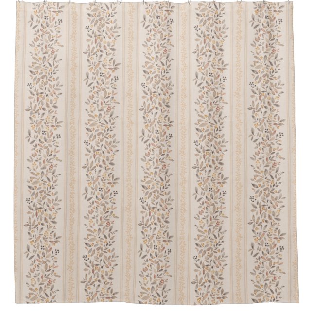 Watercolor floral stripes warm ochre brown shower curtain (Front)