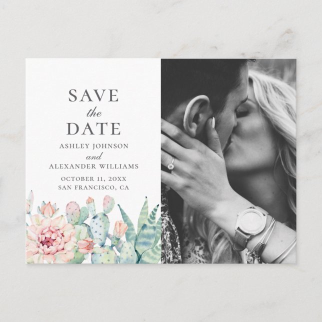Watercolor floral succulent. Cactus Save the Date Postcard (Front)