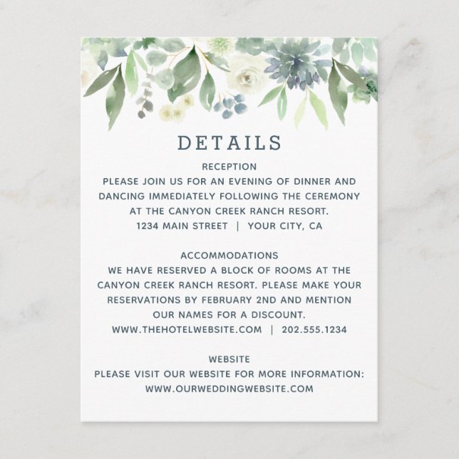 Watercolor Floral Succulent Wedding Details Card (Front)