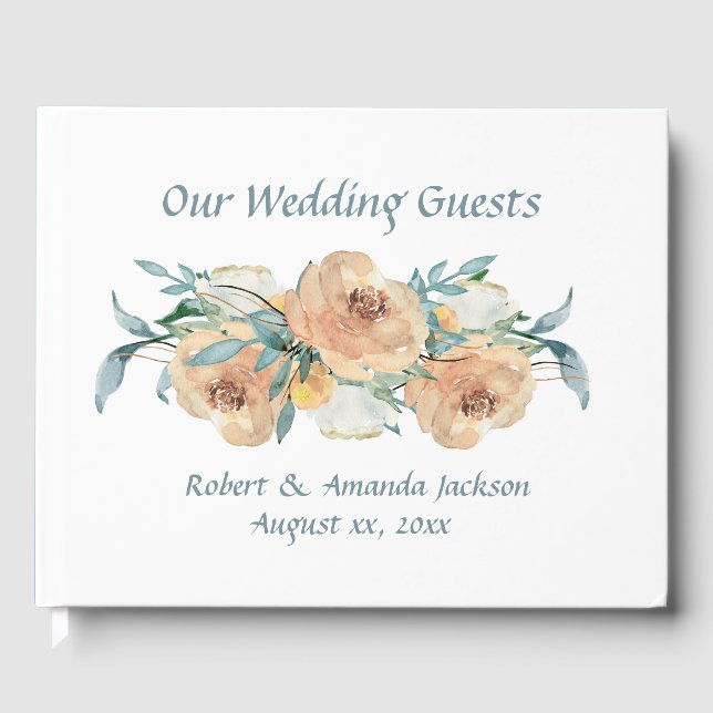 Watercolor Floral Summer Wedding Blue Green Guest Book (Front)