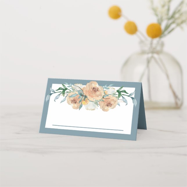 Watercolor Floral Summer Wedding Blue Green Place Card (Front)