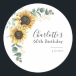 Watercolor Floral Sunflower 60th Birthday Party Classic Round Sticker<br><div class="desc">Eucalyptus Sunflower Floral Script 60th Birthday Sticker that you can easily customise with your party details by clicking the "Personalise" button. Featuring bright yellow floral and greenery and modern script typography</div>