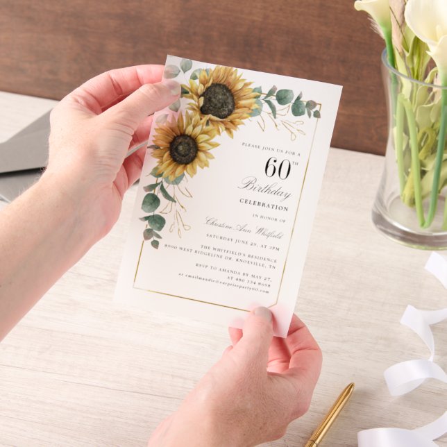 Watercolor Floral Sunflower 60th Birthday Party Vellum Invitations (Handheld)