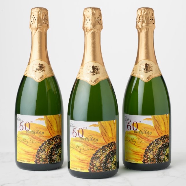 Watercolor Floral Sunflower Birthday Party Sparkling Wine Label (Bottles)