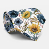 Watercolor Floral Sunflower Blue Flower  Tie (Rolled)