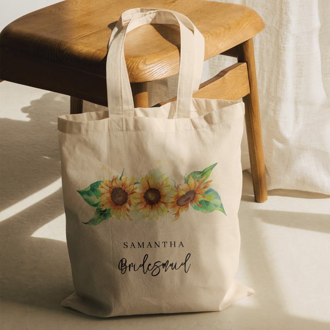 Watercolor Floral Sunflower Bridesmaid Tote Bag (Sunflower Greenery Wedding Bridesmaid Tote Bag)