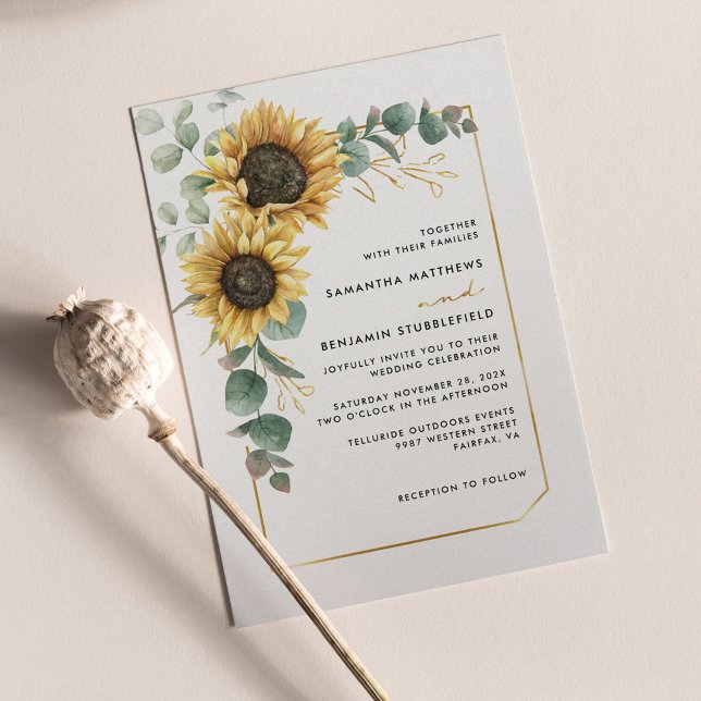 Watercolor Floral Sunflower Eucalyptus Wedding Invitation (Floral Sunflower Eucalyptus Greenery Wedding Invitation)