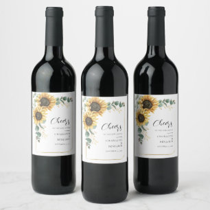 Watercolor Floral Sunflower Eucalyptus Wedding Wine Label