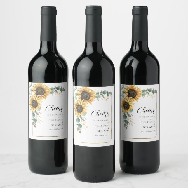 Watercolor Floral Sunflower Eucalyptus Wedding Wine Label (Bottles)