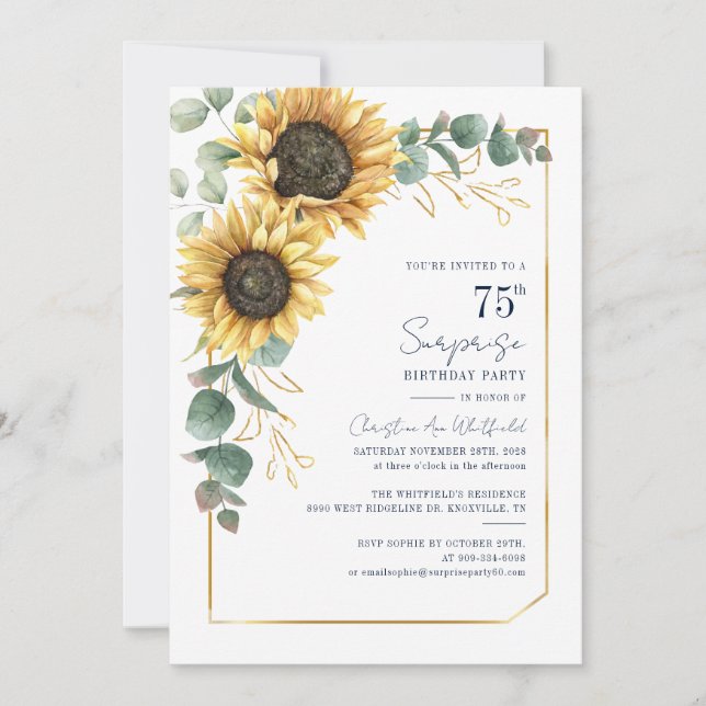 Watercolor Floral Sunflower Script 75th Birthday Invitation (Front)