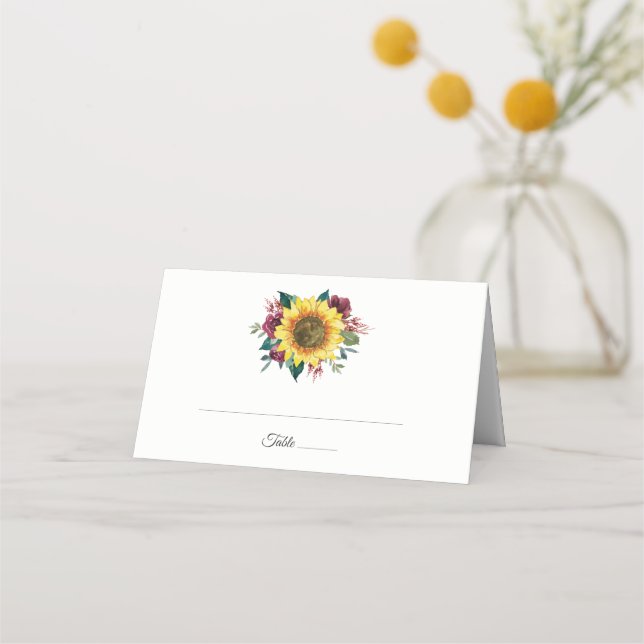 Watercolor Floral Sunflower Wedding Place Card (Front)