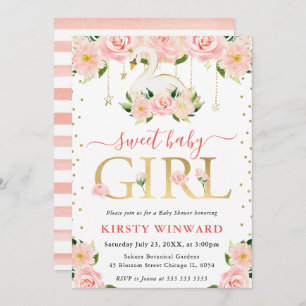 Watercolor Floral Swan Girl Baby Shower Invitation