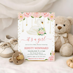 Watercolor Floral Swan Girl Baby Shower Invitation