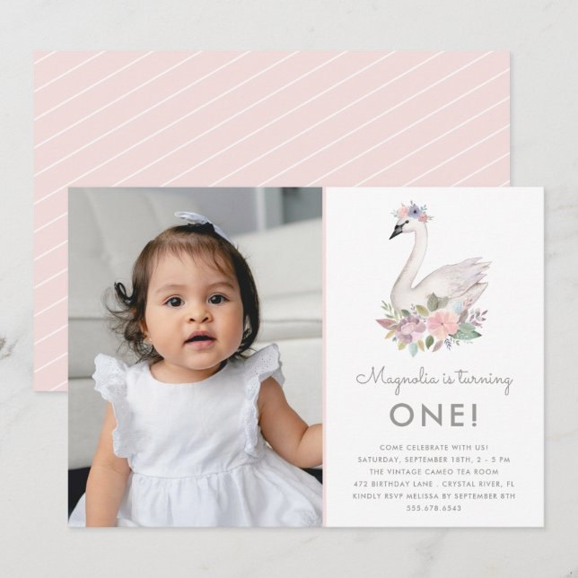 Watercolor Floral Swan Princess Birthday Photo Invitation (Front/Back)