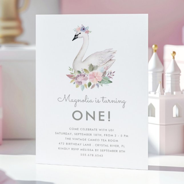 Watercolor Floral Swan Princess Birthday Pink Invitation (Creator Uploaded)