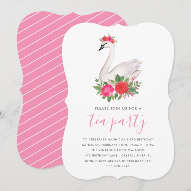 Watercolor Floral Swan Princess Birthday Tea Party Invitation (Front/Back)