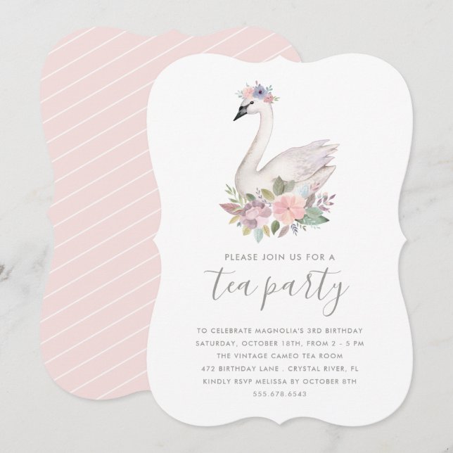Watercolor Floral Swan Princess Birthday Tea Party Invitation (Front/Back)