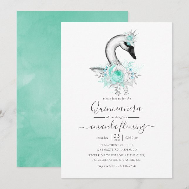 Watercolor Floral Swan Quinceañera Invitation (Front/Back)