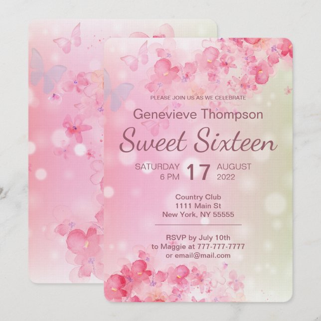 Watercolor Floral Sweet Sixteen Party Invitation (Front/Back)
