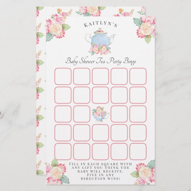 Watercolor Floral Tea Party | Baby Shower Bingo (Front/Back)